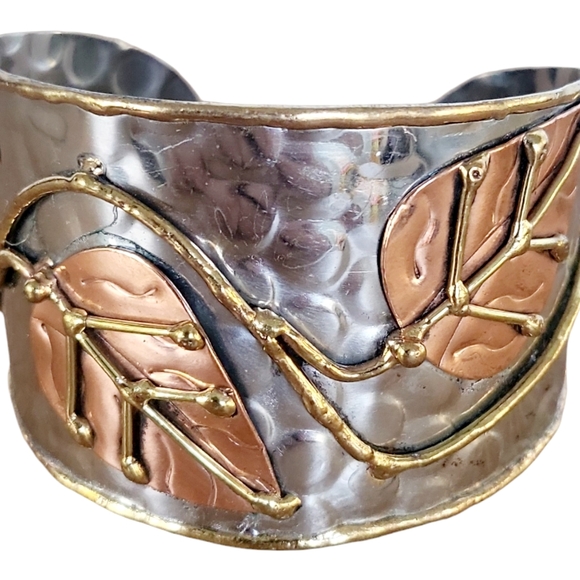 Anju Metal Hammered Mixed Metal Leaf Cuff Bracelet - Picture 7 of 12